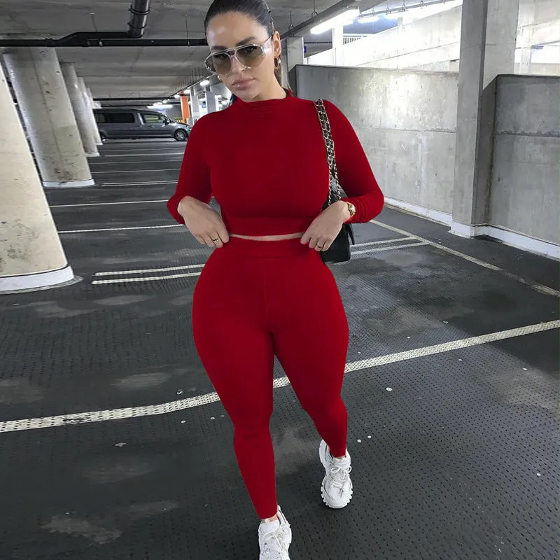 2023 Custom Logo Casual Solid Color Great Two Piece Outfits Set Slim Fit Long Sleeve Sports Joggers Pants Two Piece Pants Set