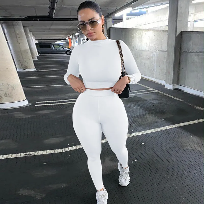 2023 Custom Logo Casual Solid Color Great Two Piece Outfits Set Slim Fit Long Sleeve Sports Joggers Pants Two Piece Pants Set