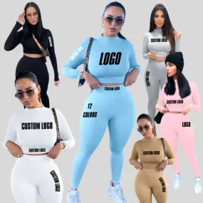 2023 Custom Logo Casual Solid Color Great Two Piece Outfits Set Slim Fit Long Sleeve Sports Joggers Pants Two Piece Pants Set