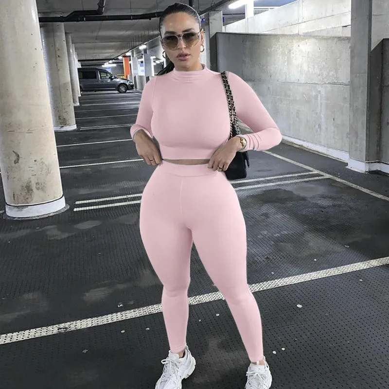 2023 Custom Logo Casual Solid Color Great Two Piece Outfits Set Slim Fit Long Sleeve Sports Joggers Pants Two Piece Pants Set