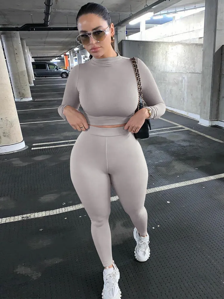 2023 Custom Logo Casual Solid Color Great Two Piece Outfits Set Slim Fit Long Sleeve Sports Joggers Pants Two Piece Pants Set