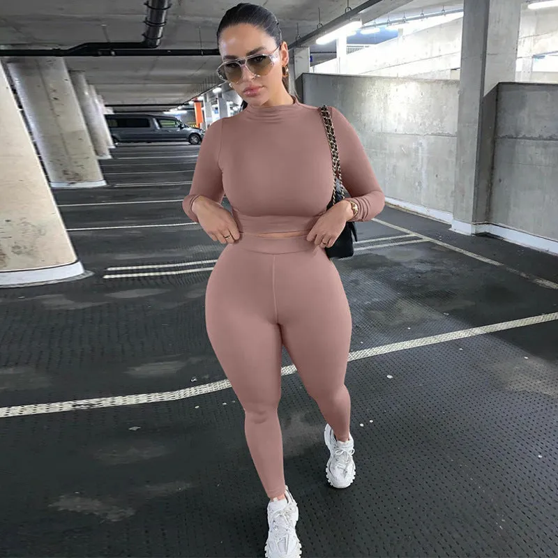 2023 Custom Logo Casual Solid Color Great Two Piece Outfits Set Slim Fit Long Sleeve Sports Joggers Pants Two Piece Pants Set