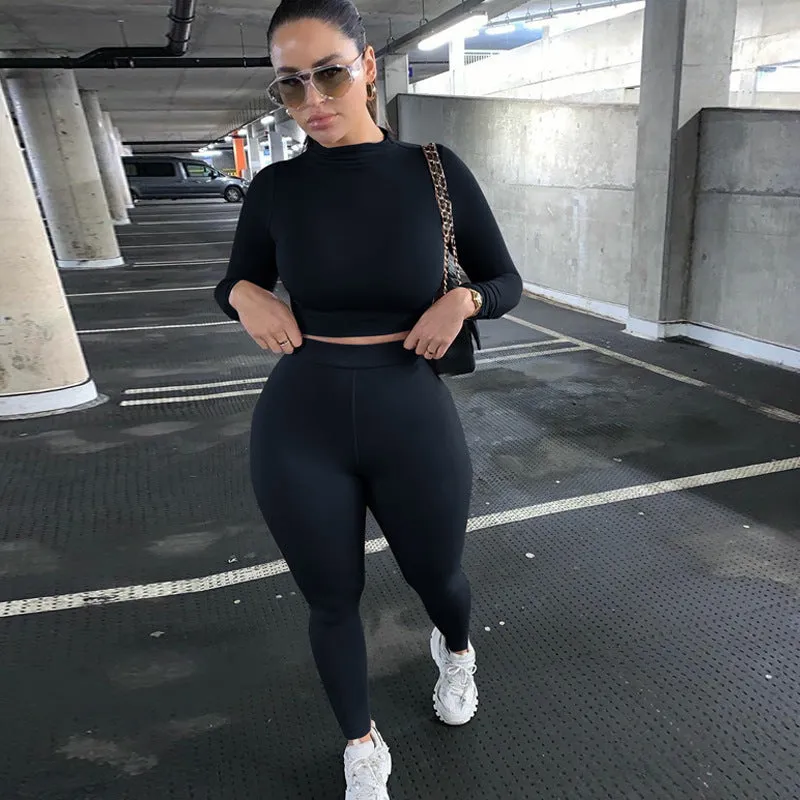 2023 Custom Logo Casual Solid Color Great Two Piece Outfits Set Slim Fit Long Sleeve Sports Joggers Pants Two Piece Pants Set