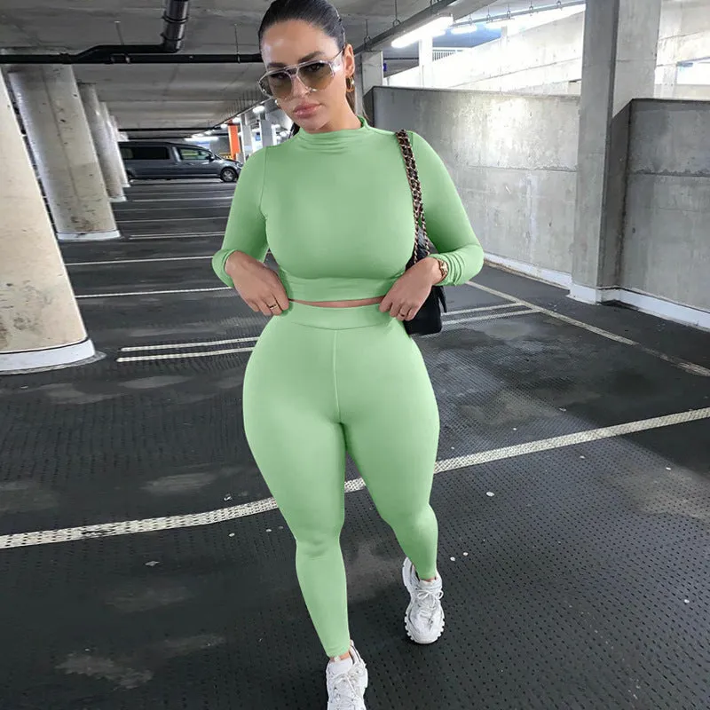 2023 Custom Logo Casual Solid Color Great Two Piece Outfits Set Slim Fit Long Sleeve Sports Joggers Pants Two Piece Pants Set