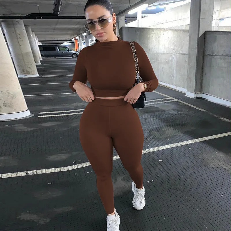 2023 Custom Logo Casual Solid Color Great Two Piece Outfits Set Slim Fit Long Sleeve Sports Joggers Pants Two Piece Pants Set