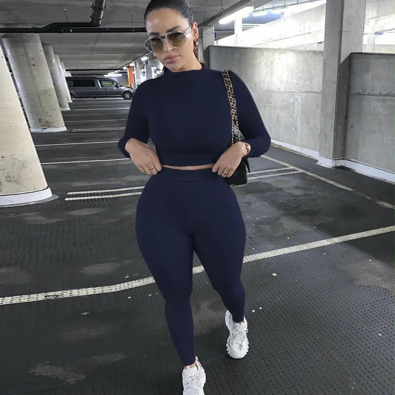 2023 Custom Logo Casual Solid Color Great Two Piece Outfits Set Slim Fit Long Sleeve Sports Joggers Pants Two Piece Pants Set
