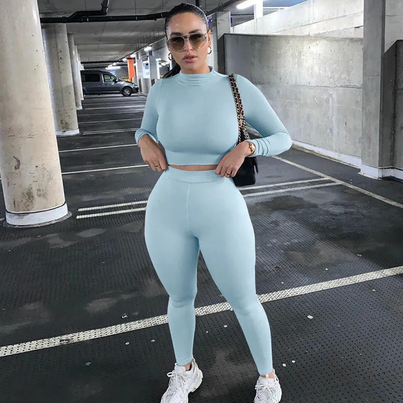 2023 Custom Logo Casual Solid Color Great Two Piece Outfits Set Slim Fit Long Sleeve Sports Joggers Pants Two Piece Pants Set