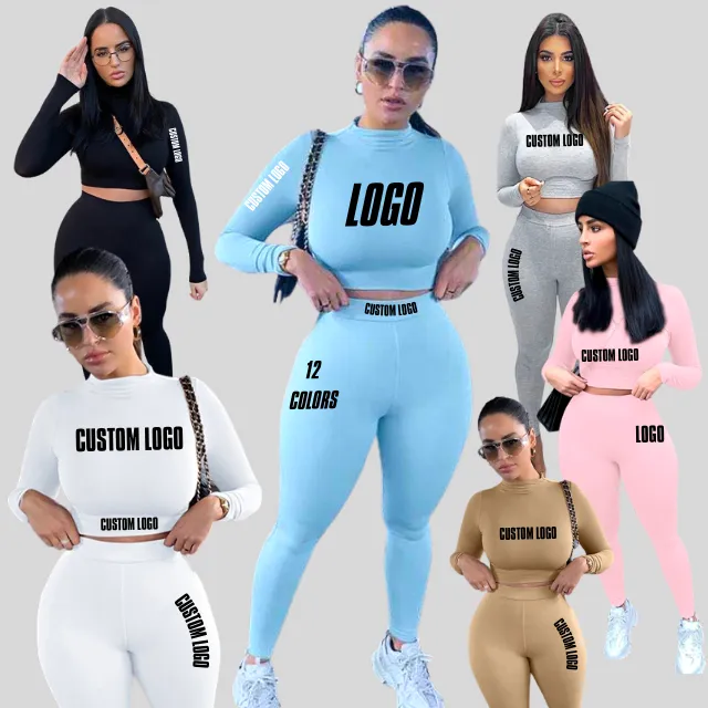 2023 Custom Logo Casual Solid Color Great Two Piece Outfits Set Slim Fit Long Sleeve Sports Joggers Pants Two Piece Pants Set
