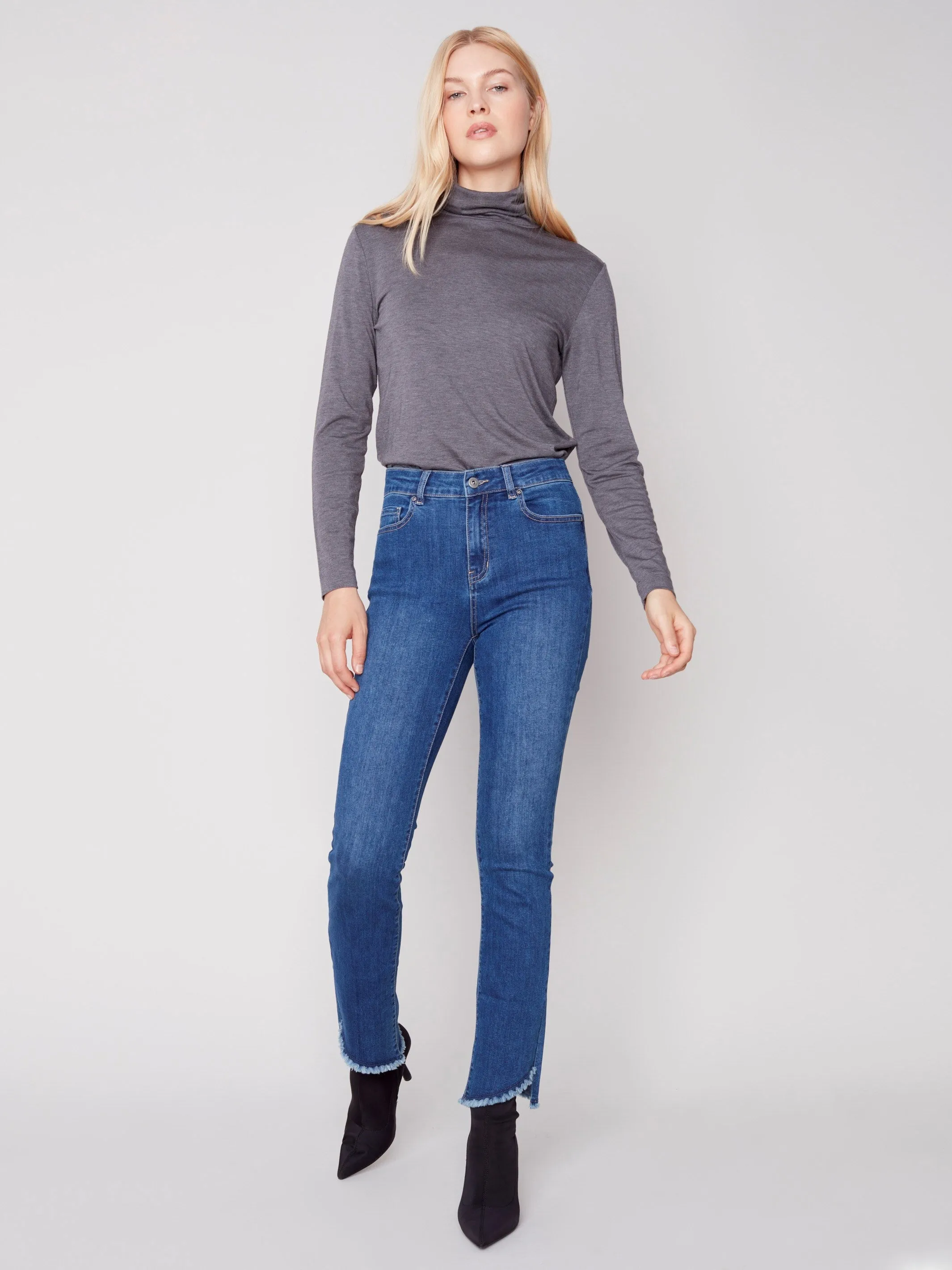Bootcut Jeans with Asymmetrical Fringed Hem - Blue Jean