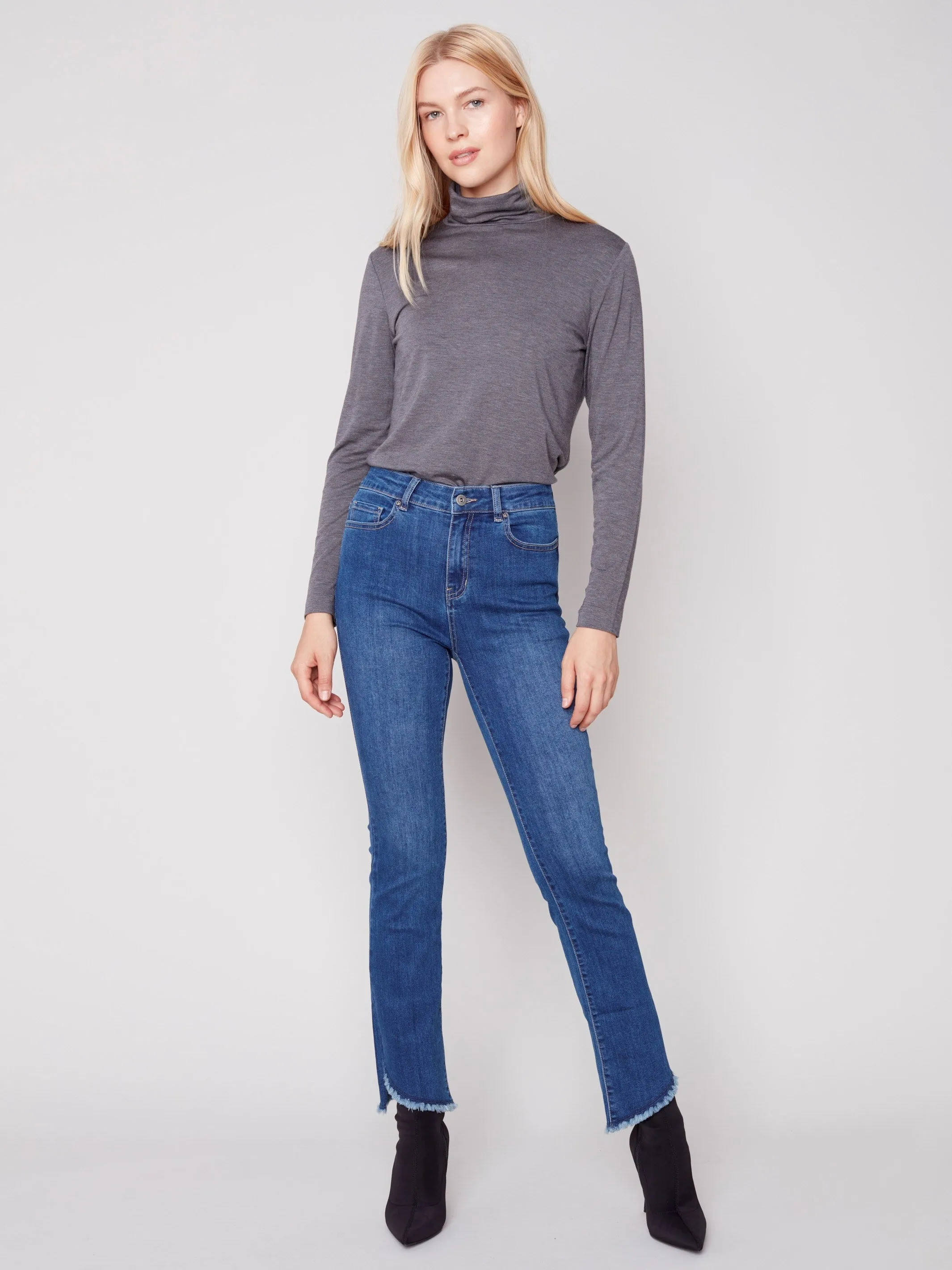 Bootcut Jeans with Asymmetrical Fringed Hem - Blue Jean