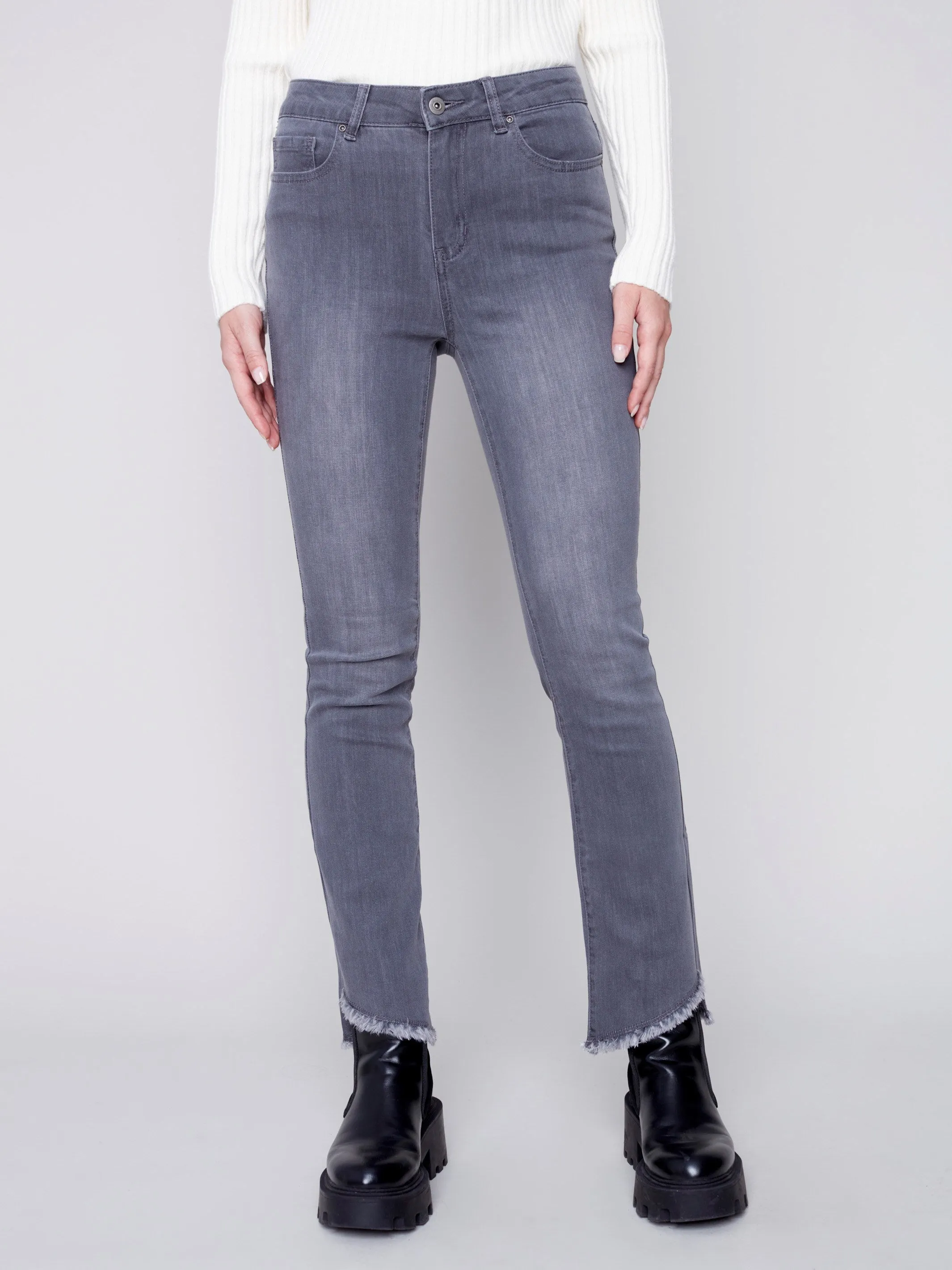 Bootcut Jeans with Asymmetrical Fringed Hem - Medium Grey
