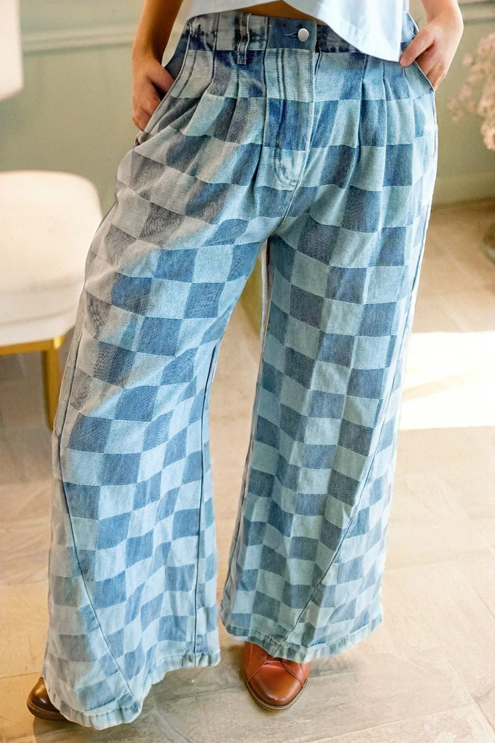 Denim Checkered Wide Leg Jean