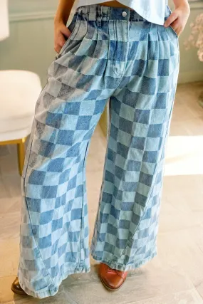 Denim Checkered Wide Leg Jean