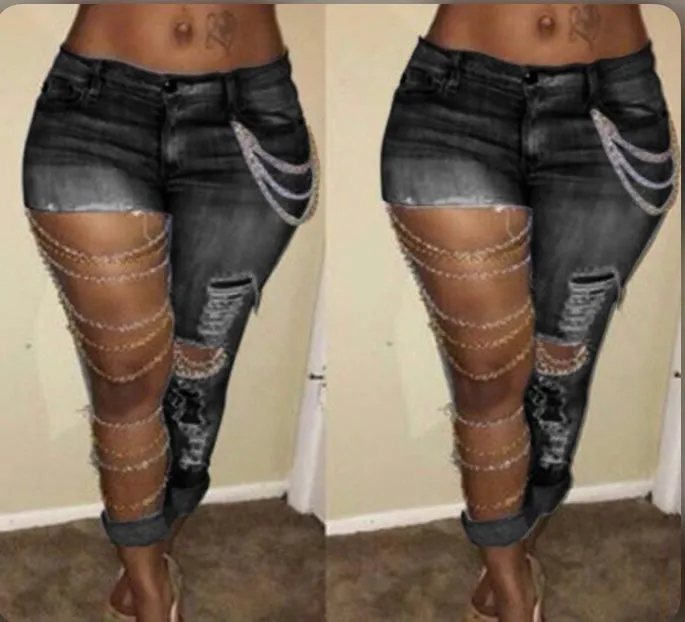 Fashion Chain Ripped Pencil Jeans