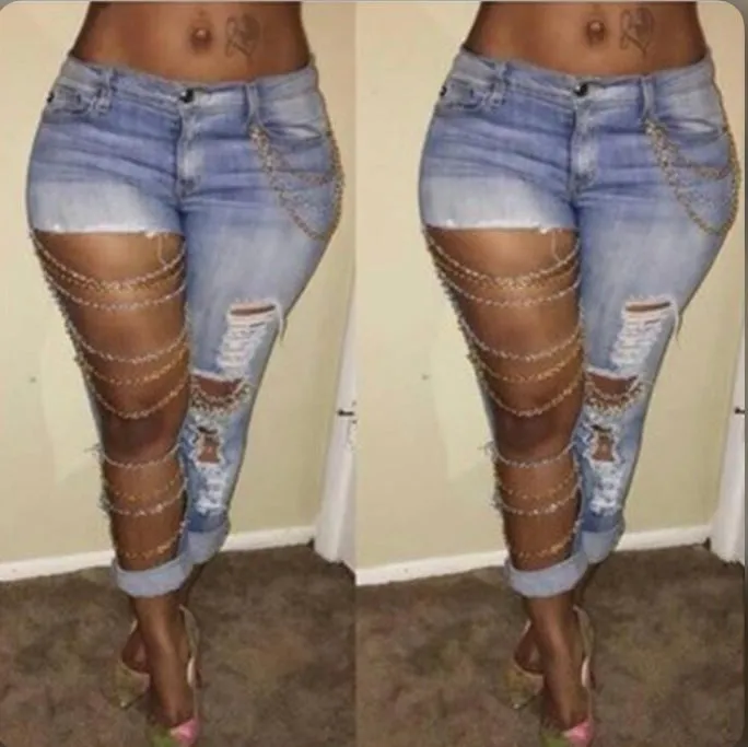 Fashion Chain Ripped Pencil Jeans