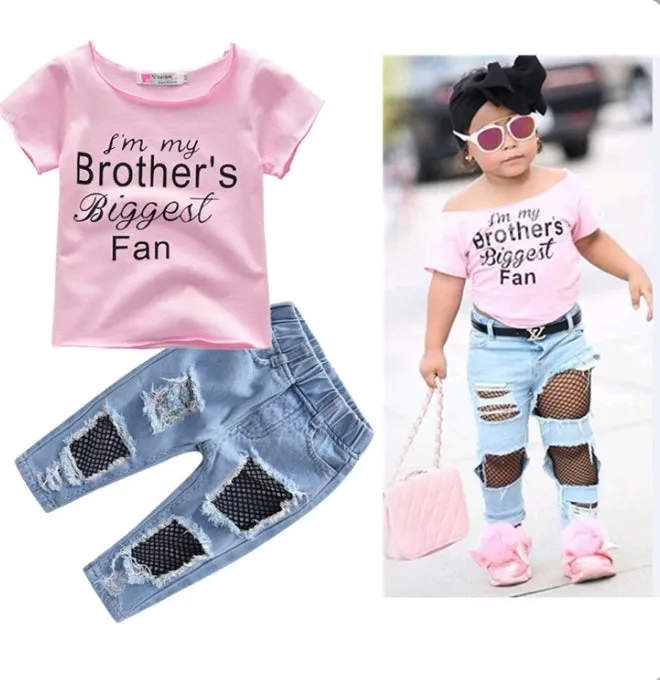 Kids Girl Letter T Shirt Ripped Jeans Pants 2 Piece Sets