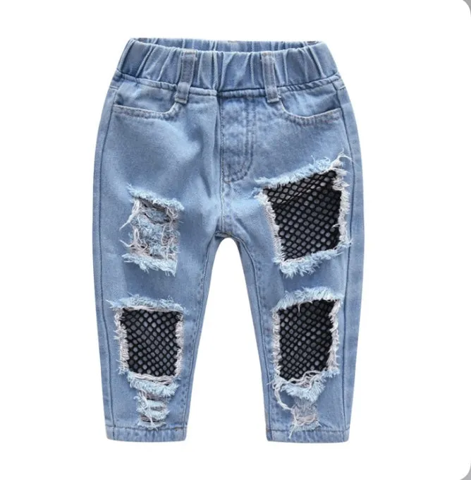 Kids Girl Letter T Shirt Ripped Jeans Pants 2 Piece Sets