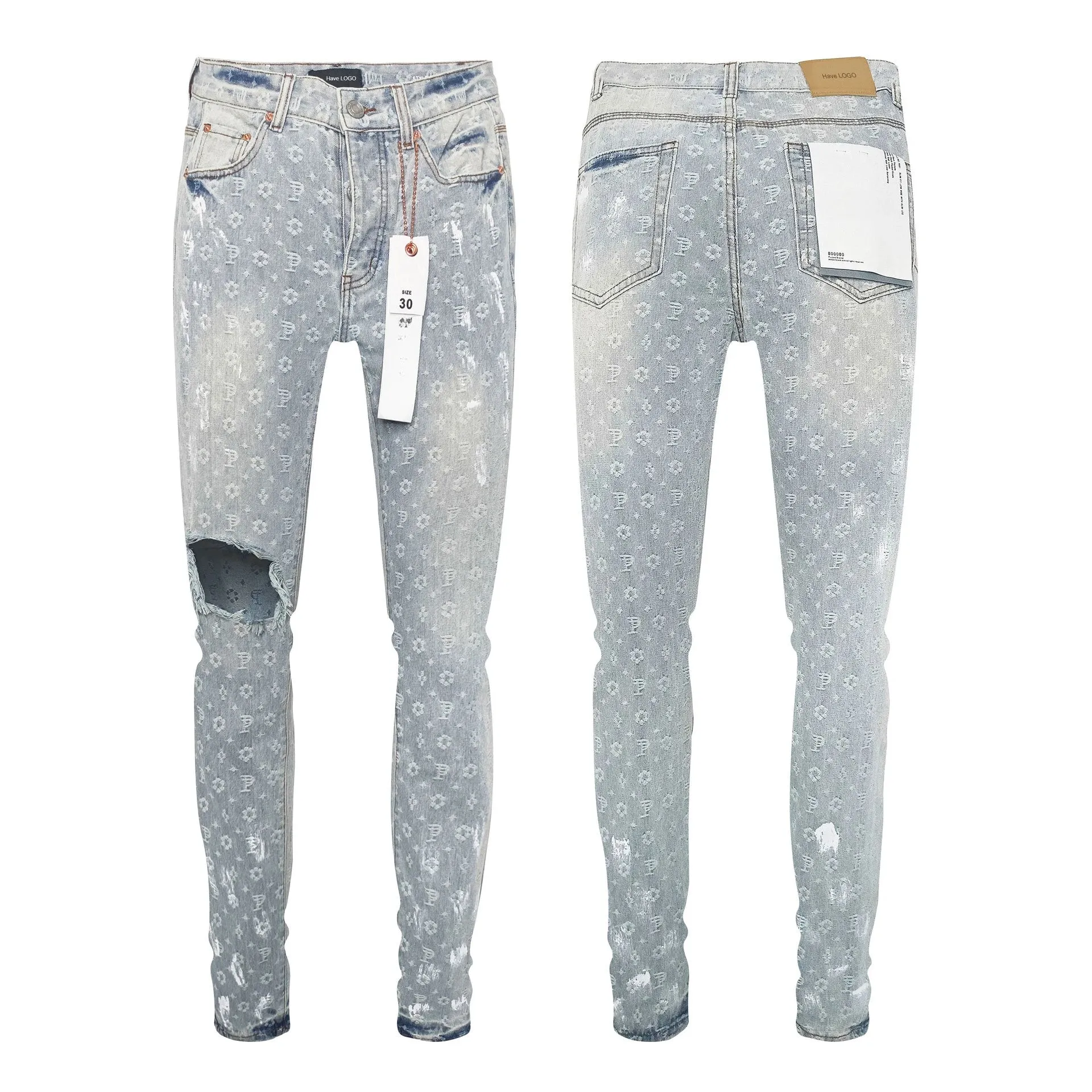 Purples Jeans American High Street Ripped White Paint Alphabet Embroidered Jeans Brands Pants