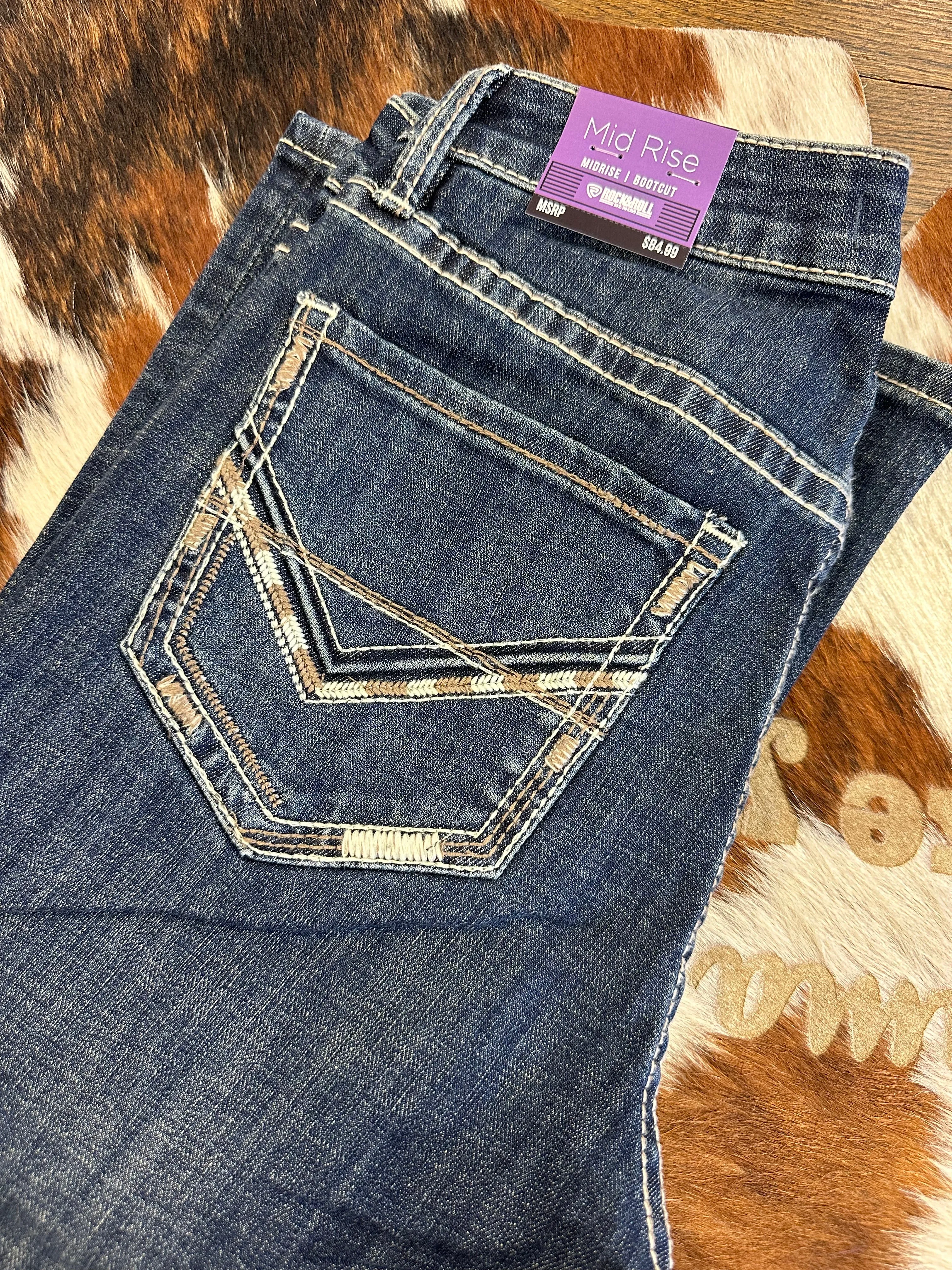 ROCK & ROLL WOMENS RAISED DENIM MID RISE BOOTCUT JEANS