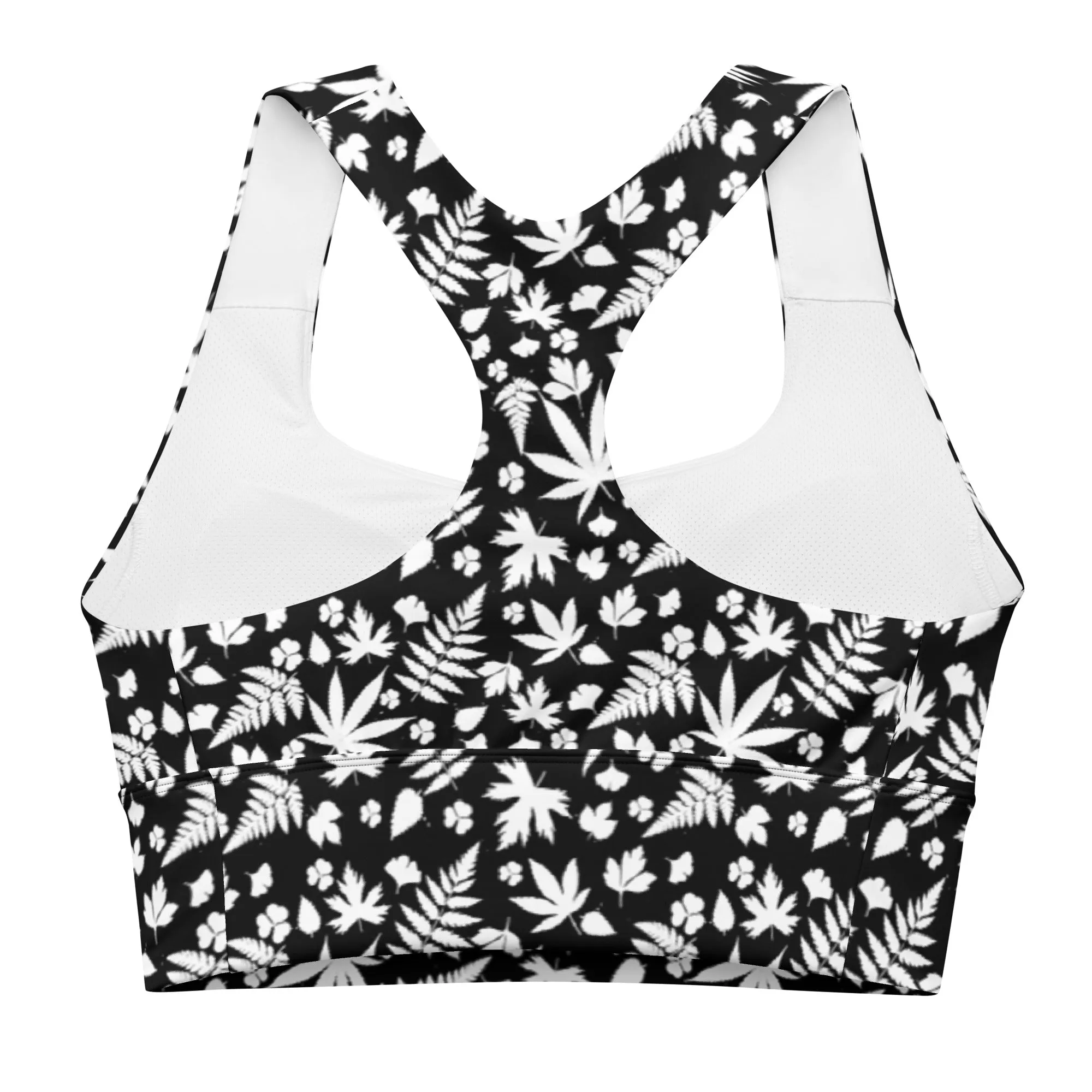 White and Black Cannabis Longline Sports Bra