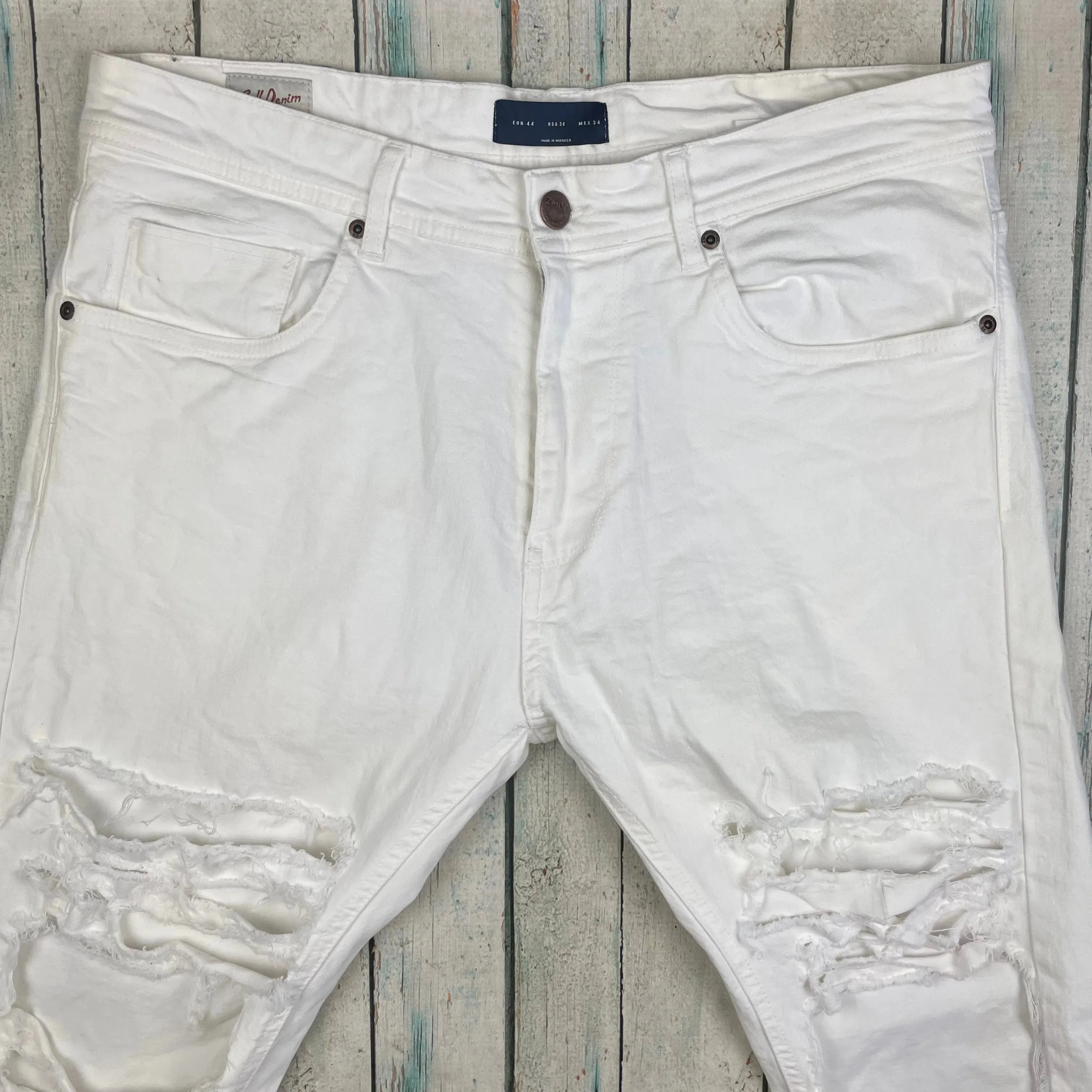 ZMDC Denim White Mens Skinny Fit Destroyed Bull Denim Jeans -Size 34